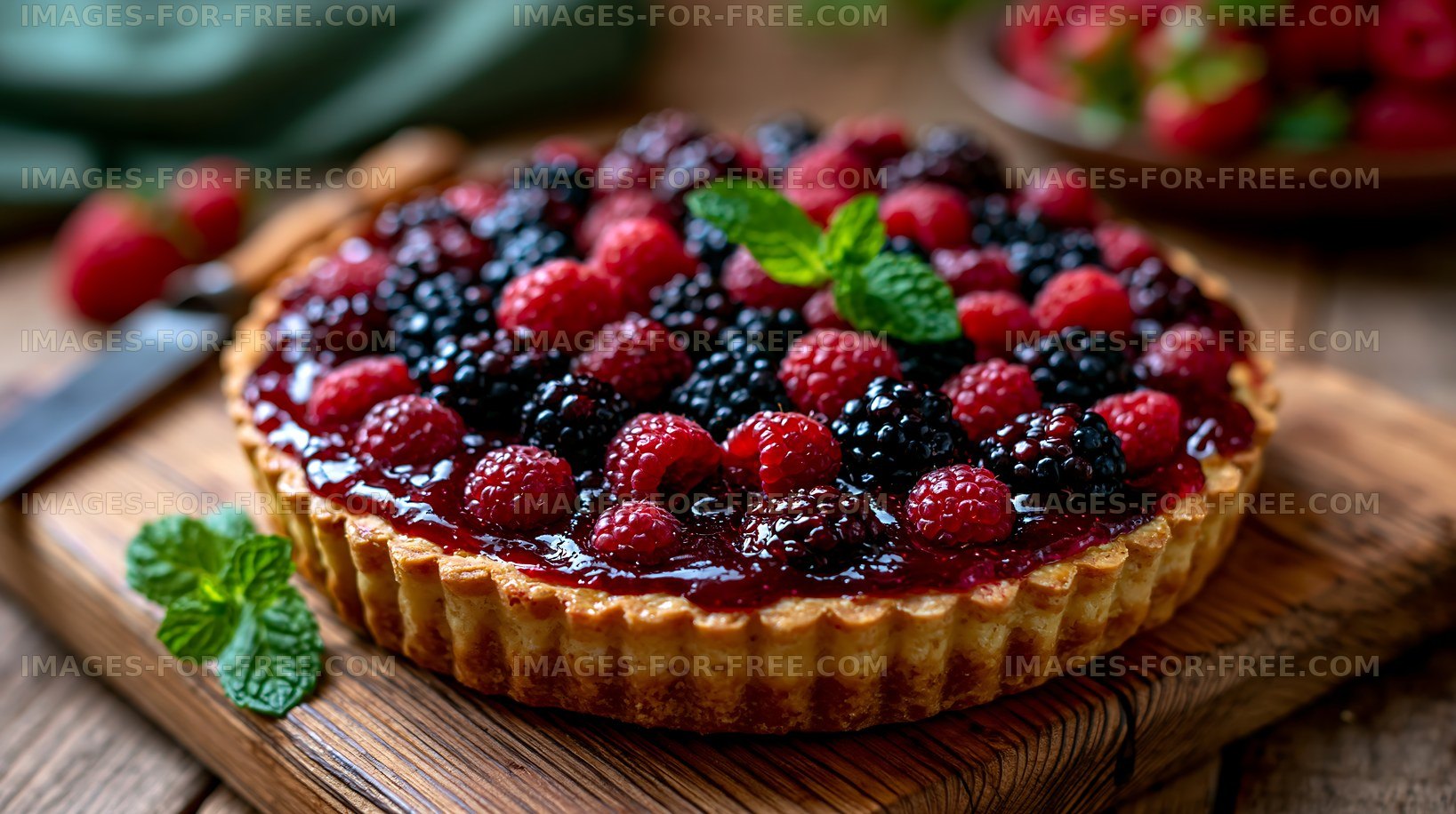 Fresh berry tart on wooden table with mint leaves and knife