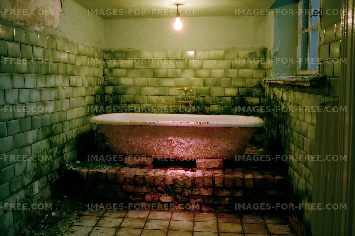 Old bathroom with a vintage bathtub and green tiled walls