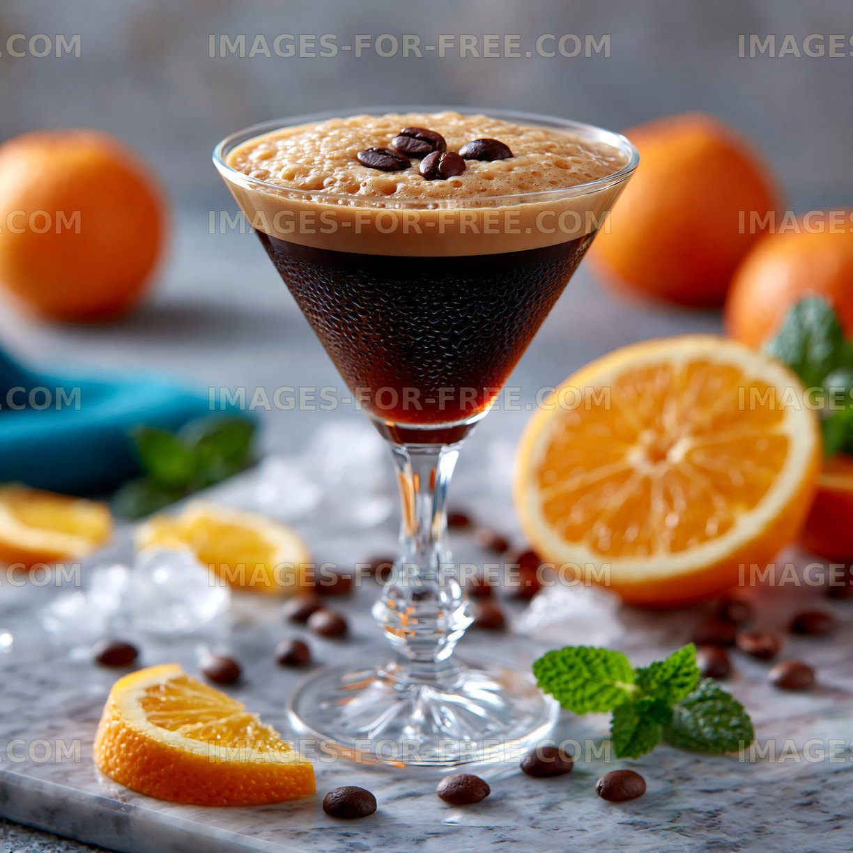Coffee cocktail with orange slices and coffee beans on a table