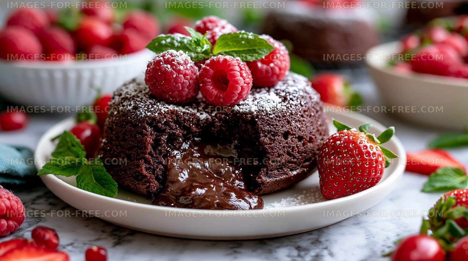 Chocolate cake with melted center and fresh berries on a plate