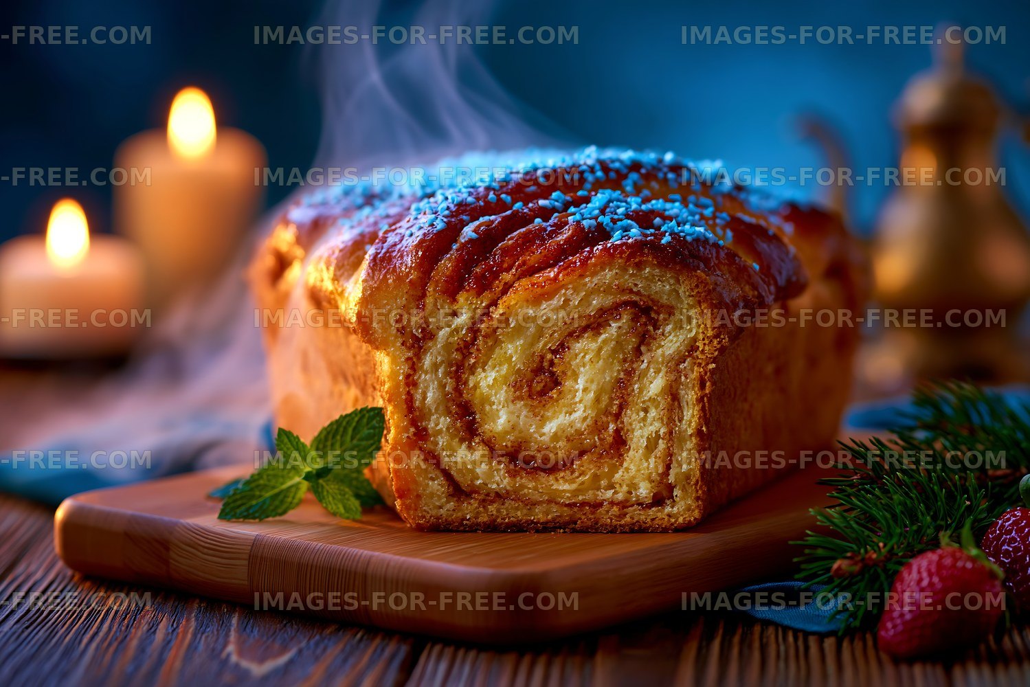 Freshly baked swirl bread on a wooden board with candles in background