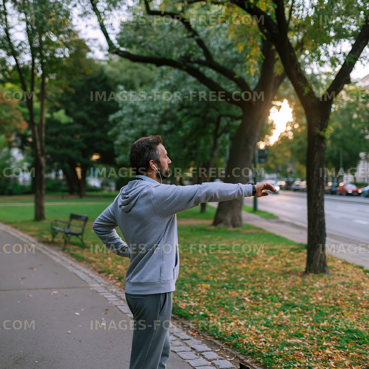 Man pointing while walking in a city park during autumn