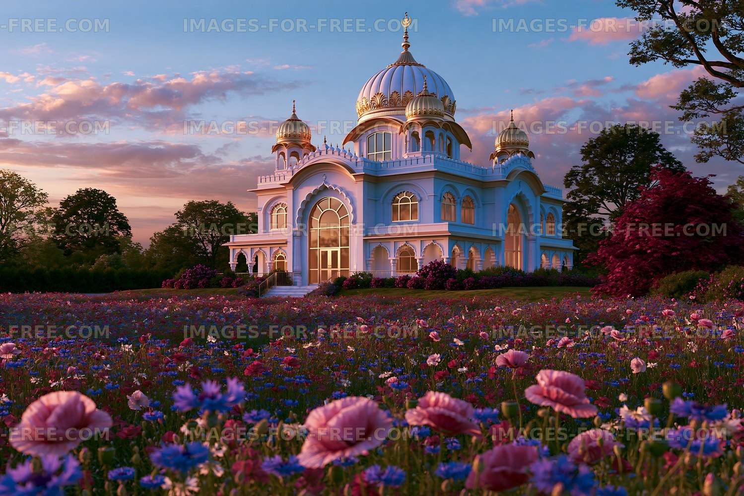 Flower garden near blue palace at sunset