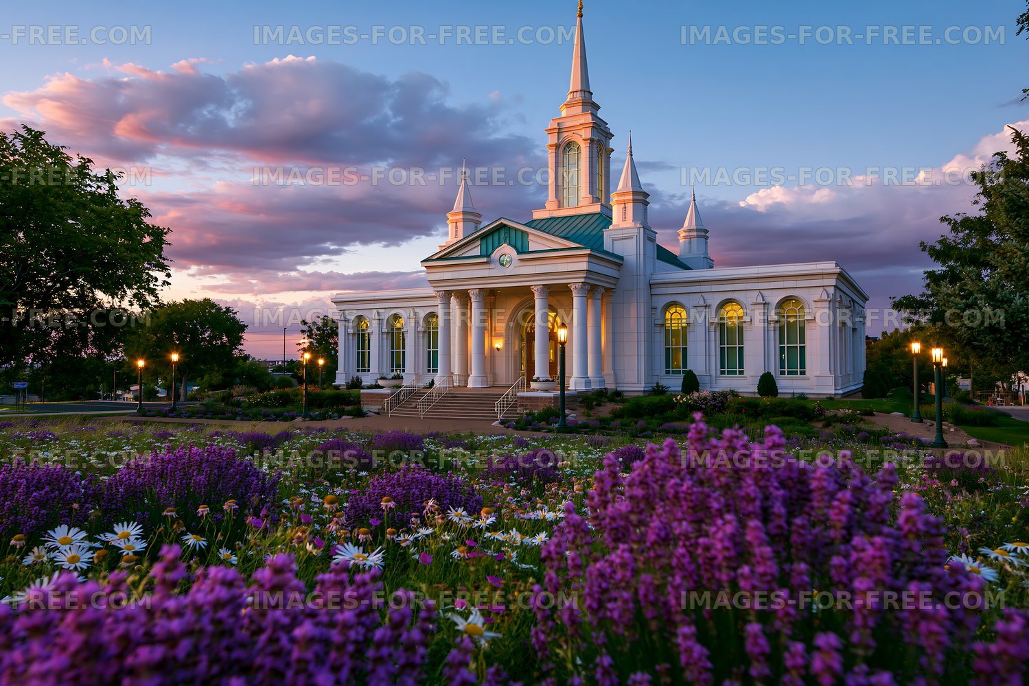 Church surrounded by flowers at sunset