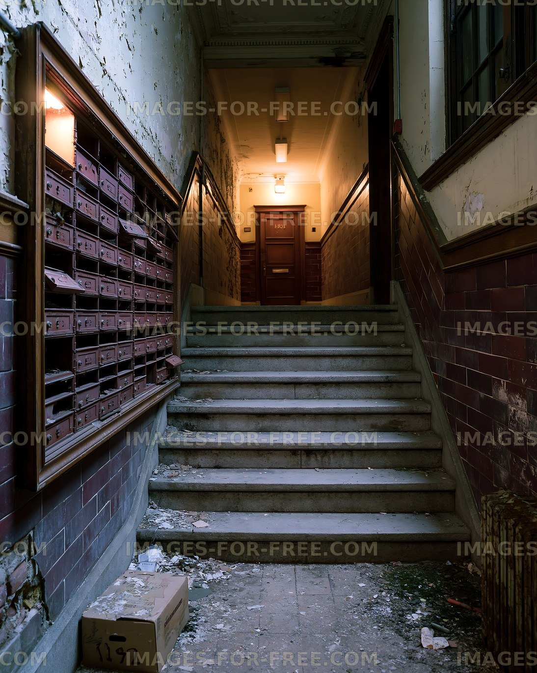 Stairs leading to a dimly lit hallway with old mailboxes