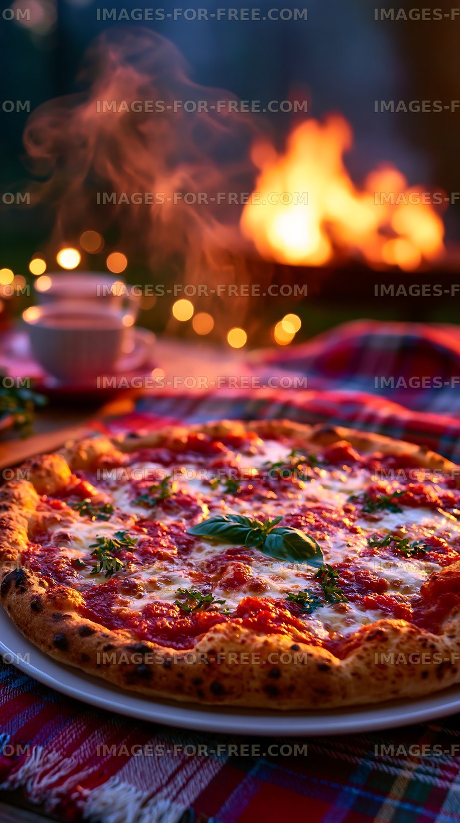 Freshly baked pizza placed outdoors near a fire with lights