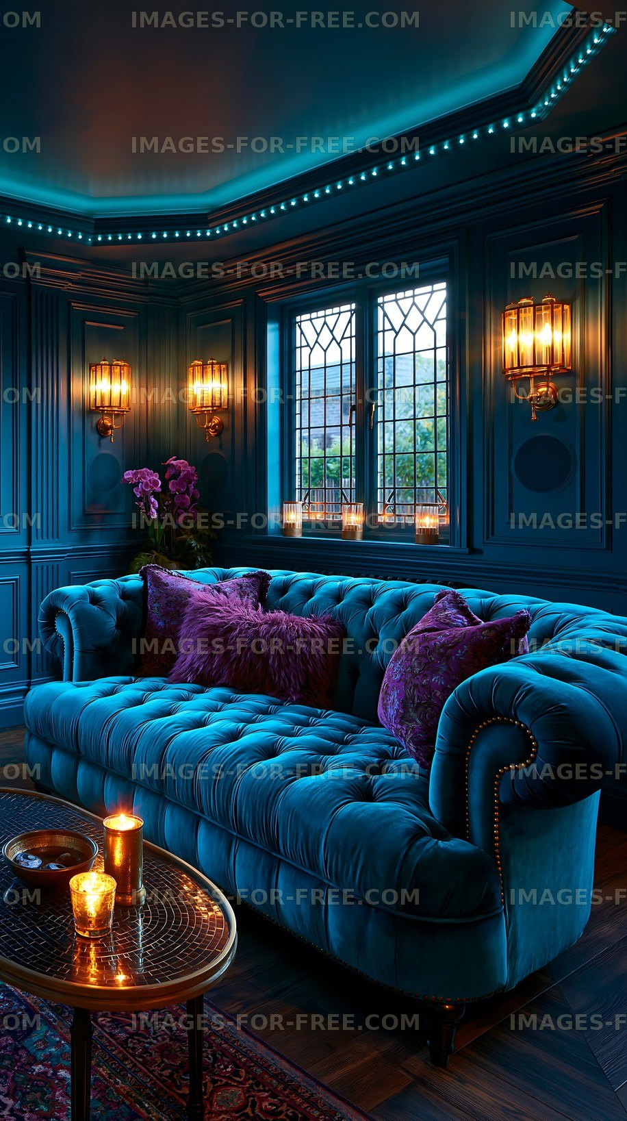 Cozy living room with blue velvet sofa and decorative lighting