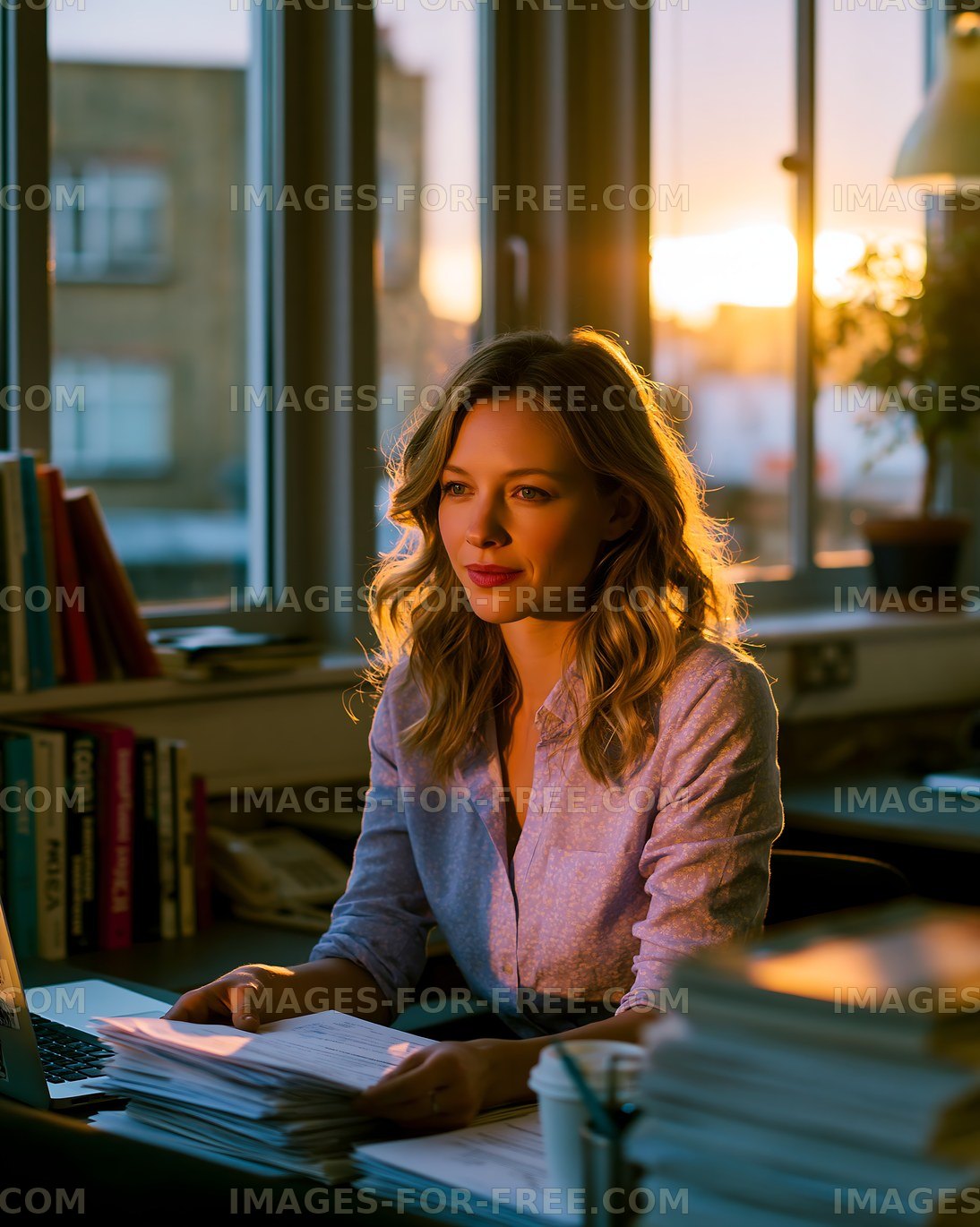 Woman working at a desk with papers during sunset