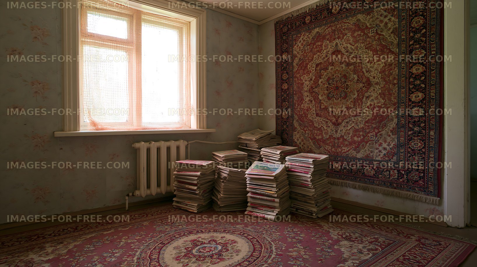 Books stacked in an old room with a large carpet and window