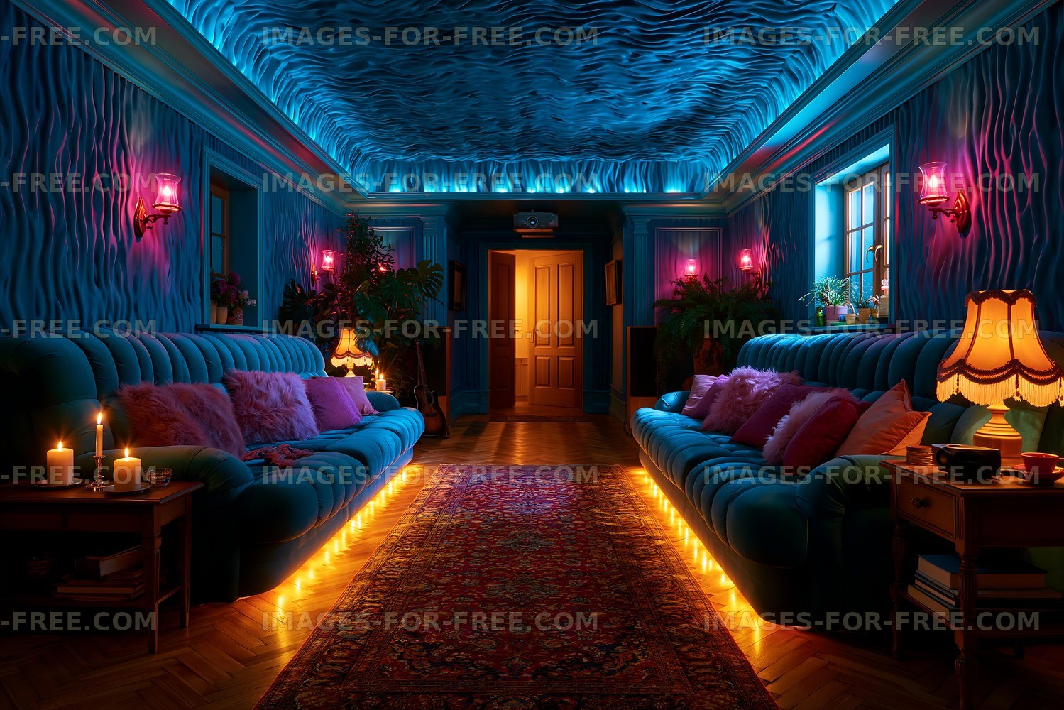 Modern interior design with colorful lighting and cozy seating