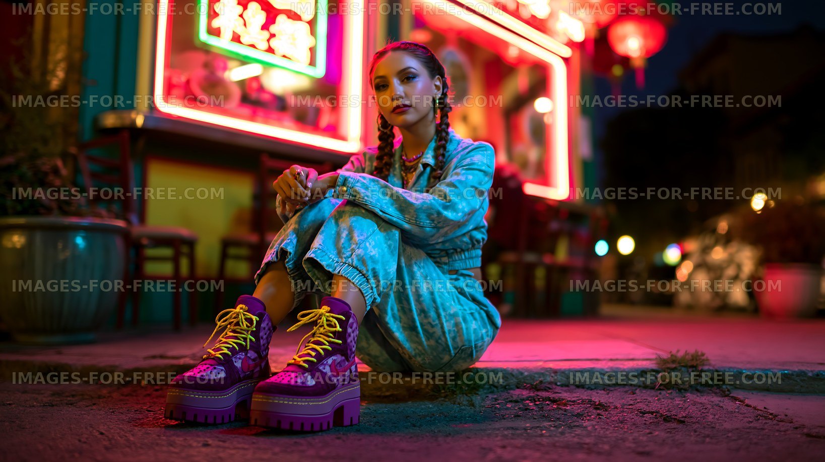 Woman sitting in urban alley at night with colorful lights