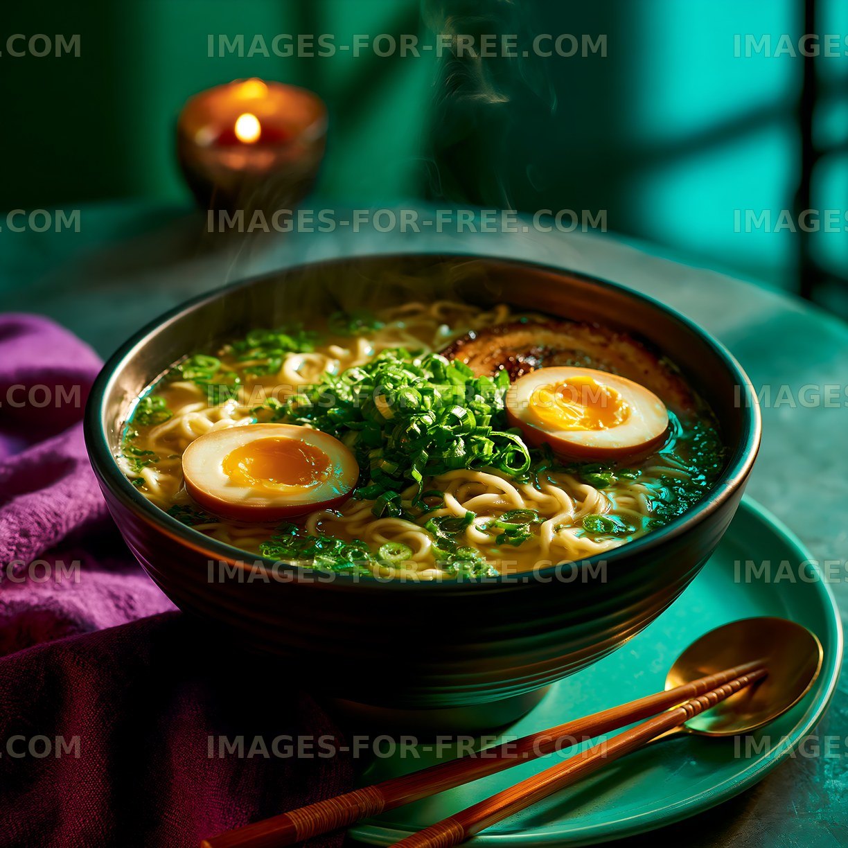Hot bowl of ramen with eggs and green onions on a table