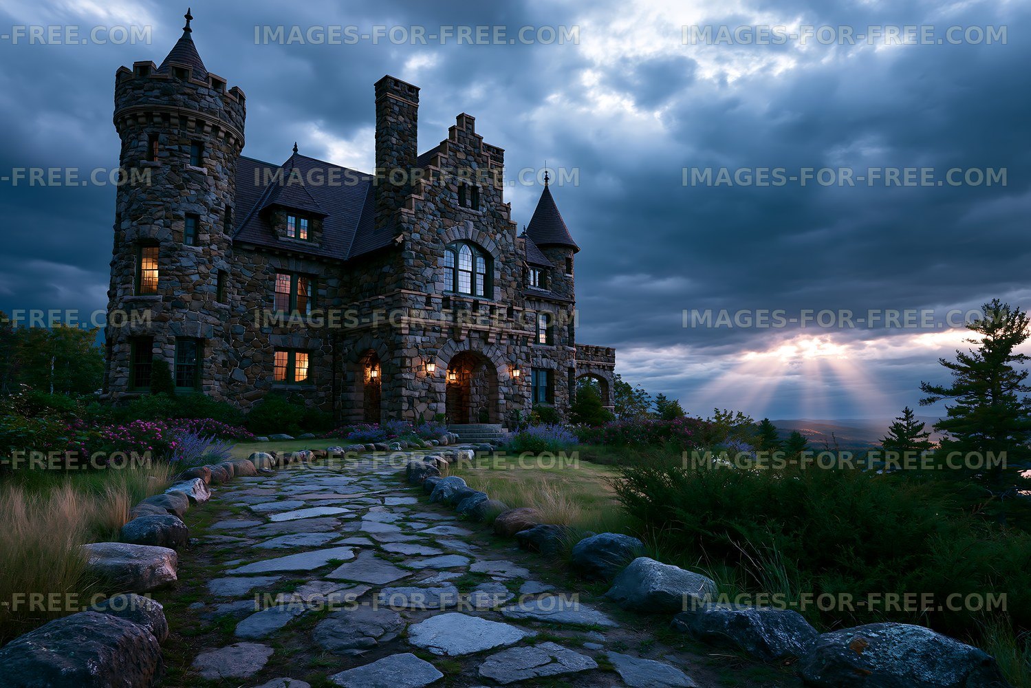 Stone castle at twilight with cloudy sky and distant mountains