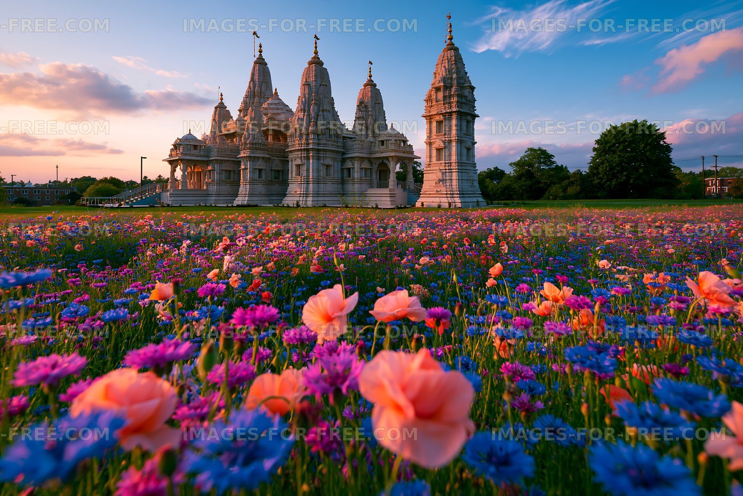 Temple surrounded by colorful flowers at sunset