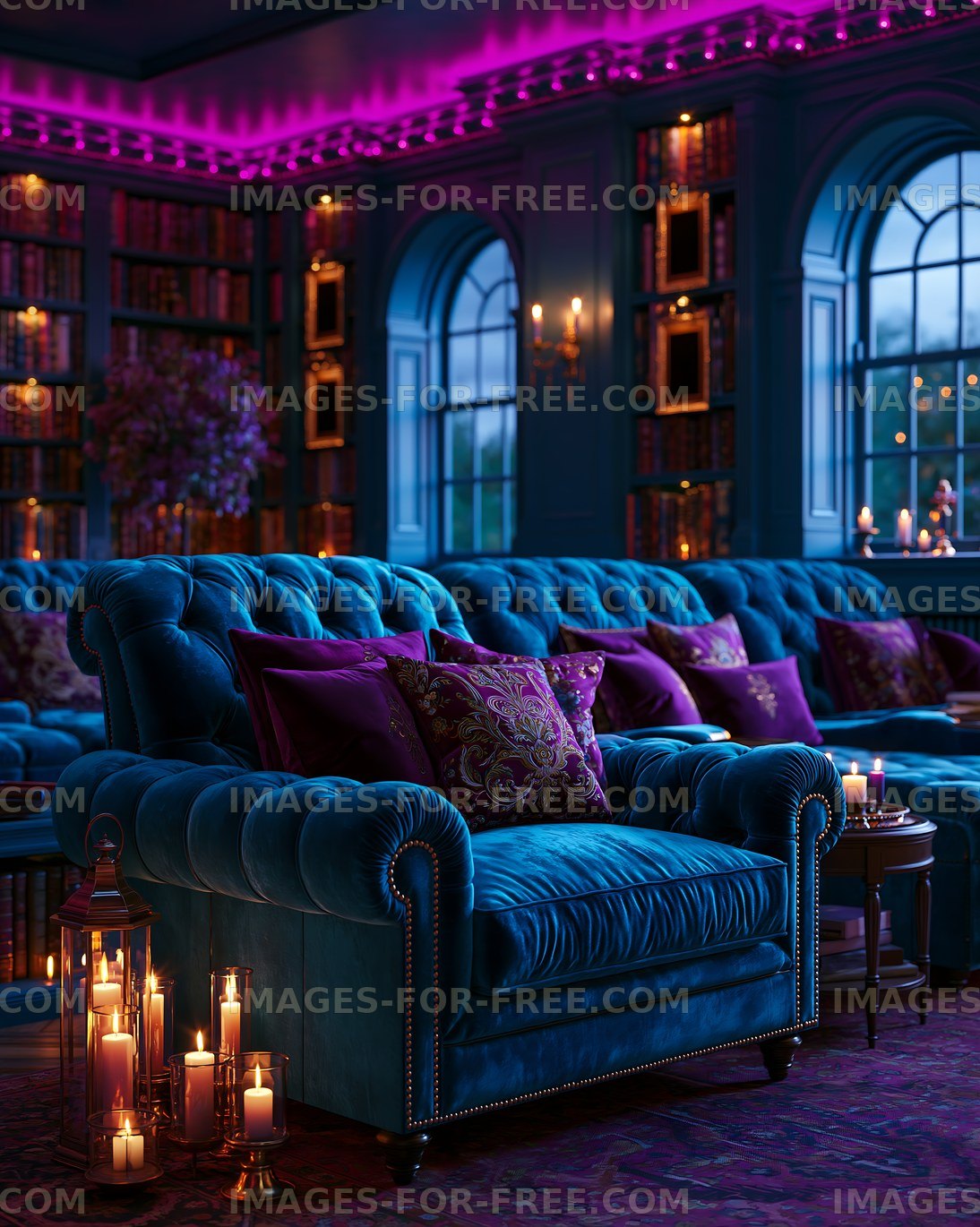 Cozy seating area with blue velvet chairs and soft lighting
