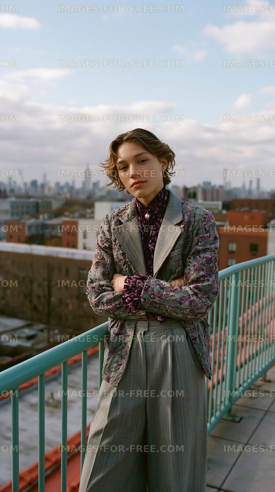 Fashion model poses on rooftop with city skyline in background