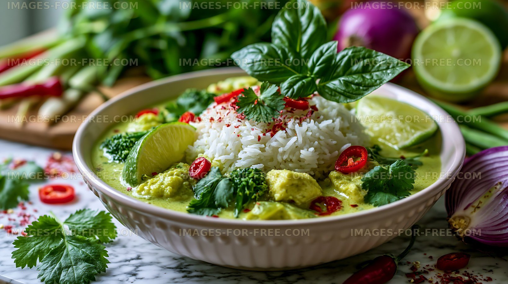 Green curry with chicken, rice, and fresh ingredients on a table