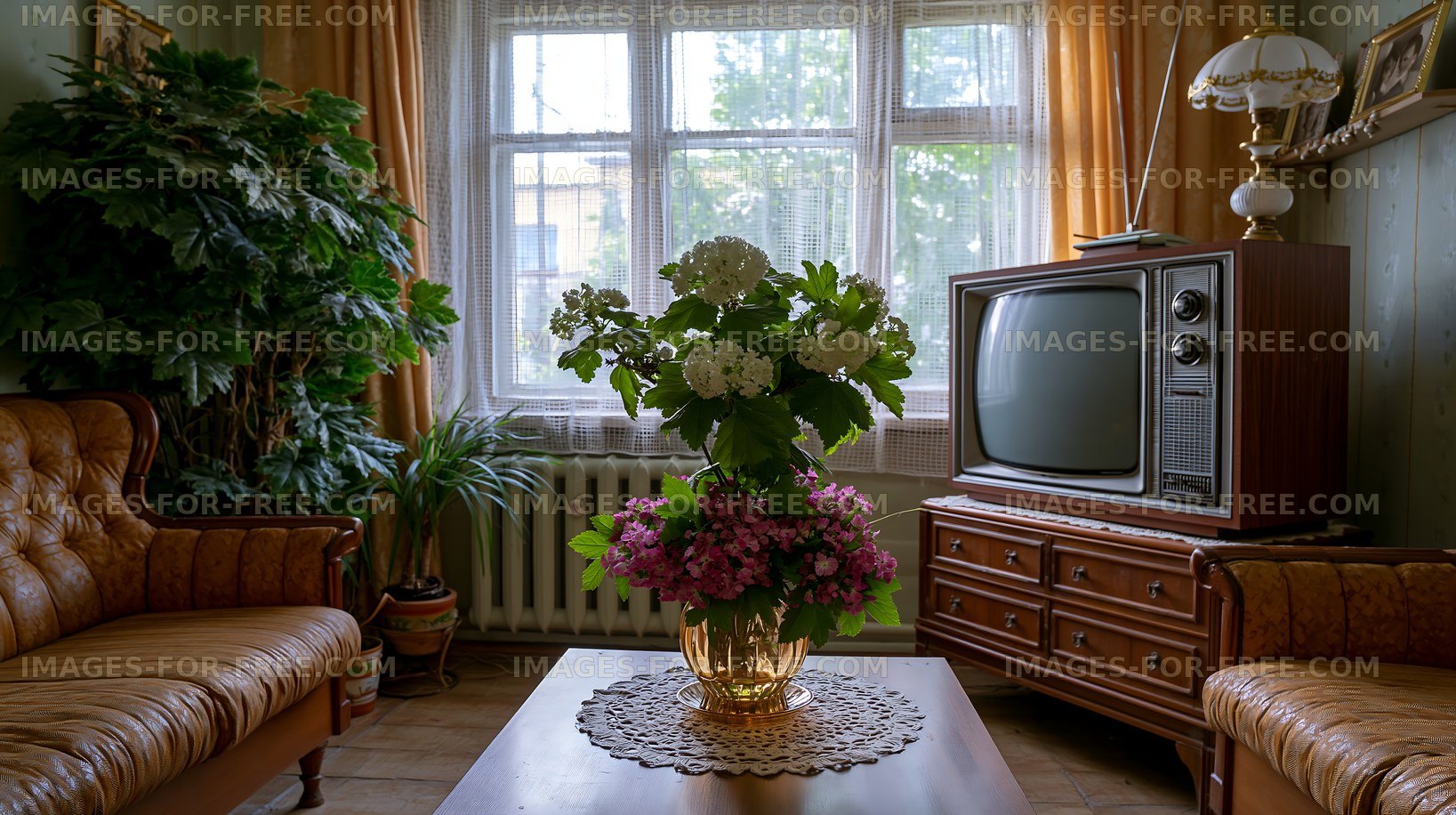 Vintage living room with floral arrangement and old television
