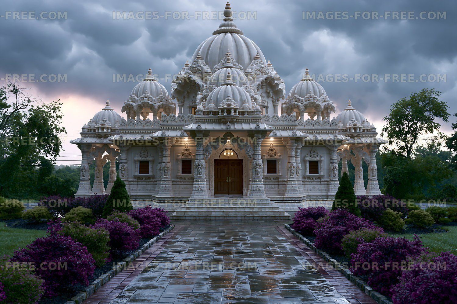 Ornate temple with domes surrounded by greenery under cloudy sky