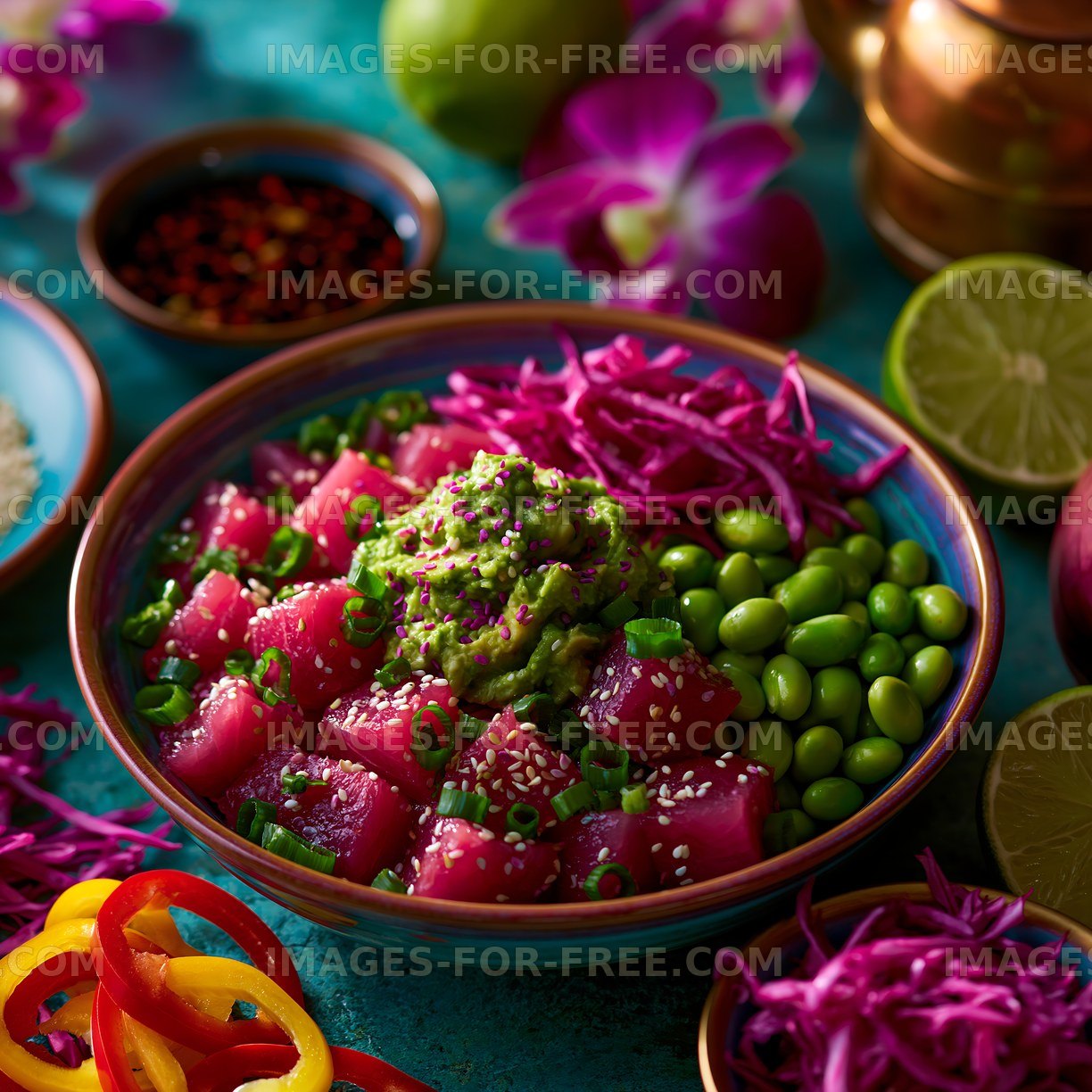 Colorful bowl of fresh poke with vegetables and toppings