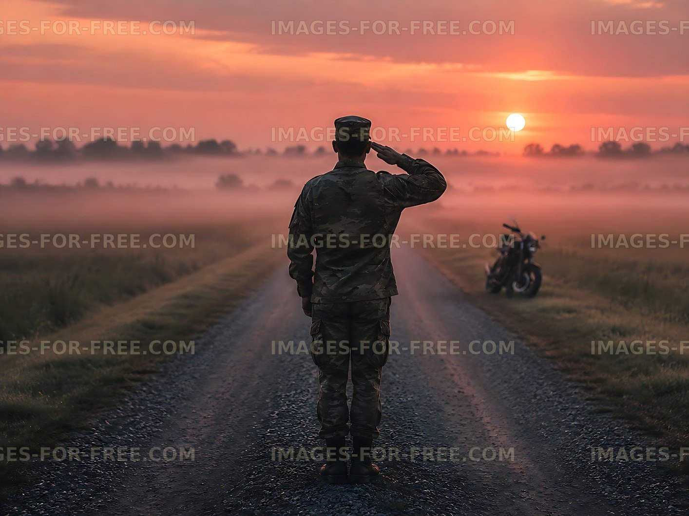 Soldier saluting at sunset near a motorcycle on a rural road