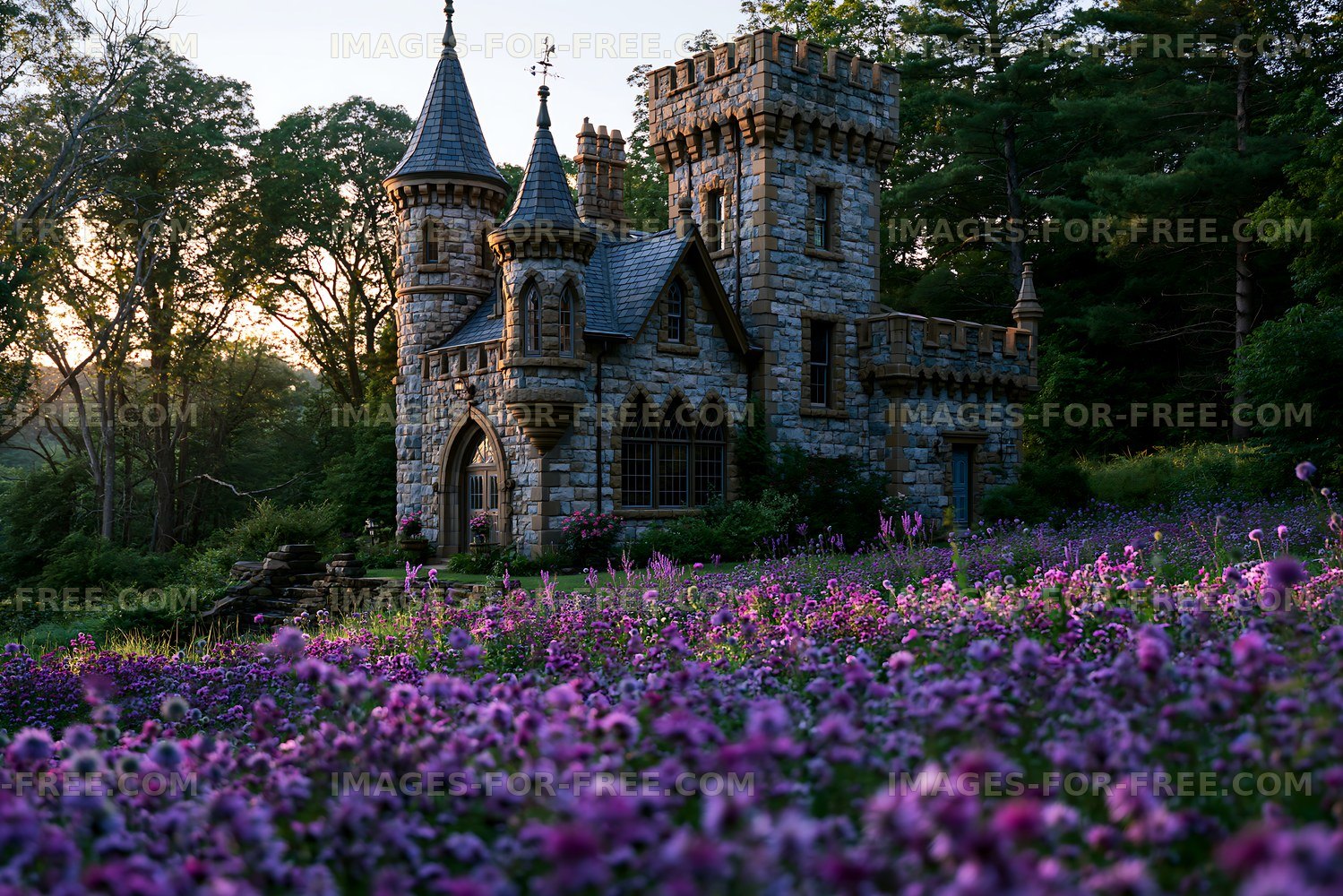 Stone castle surrounded by blooming flowers in a garden