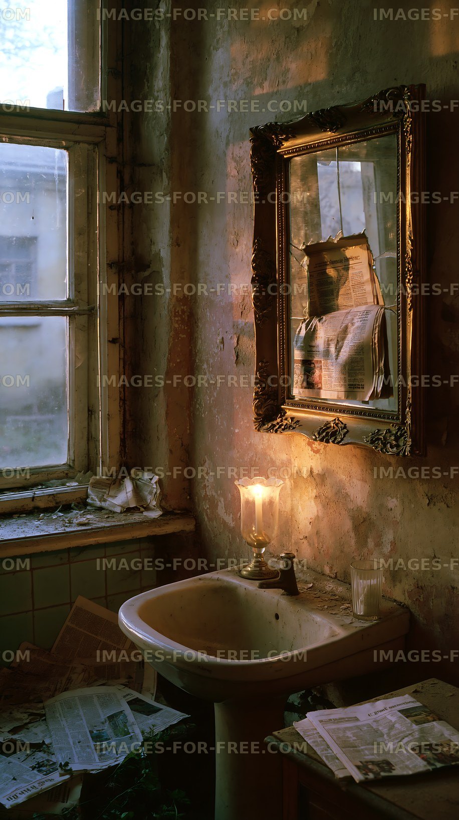 Old bathroom with mirror and candle in abandoned building