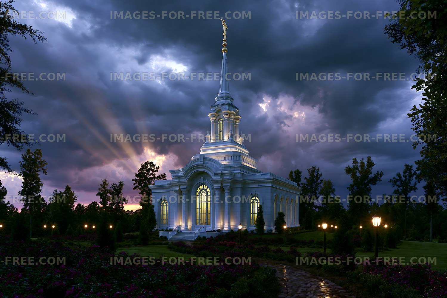 Sunset over a temple surrounded by trees and lights