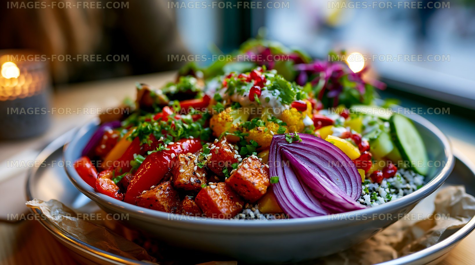 Colorful vegetable and tofu bowl on a table near a window