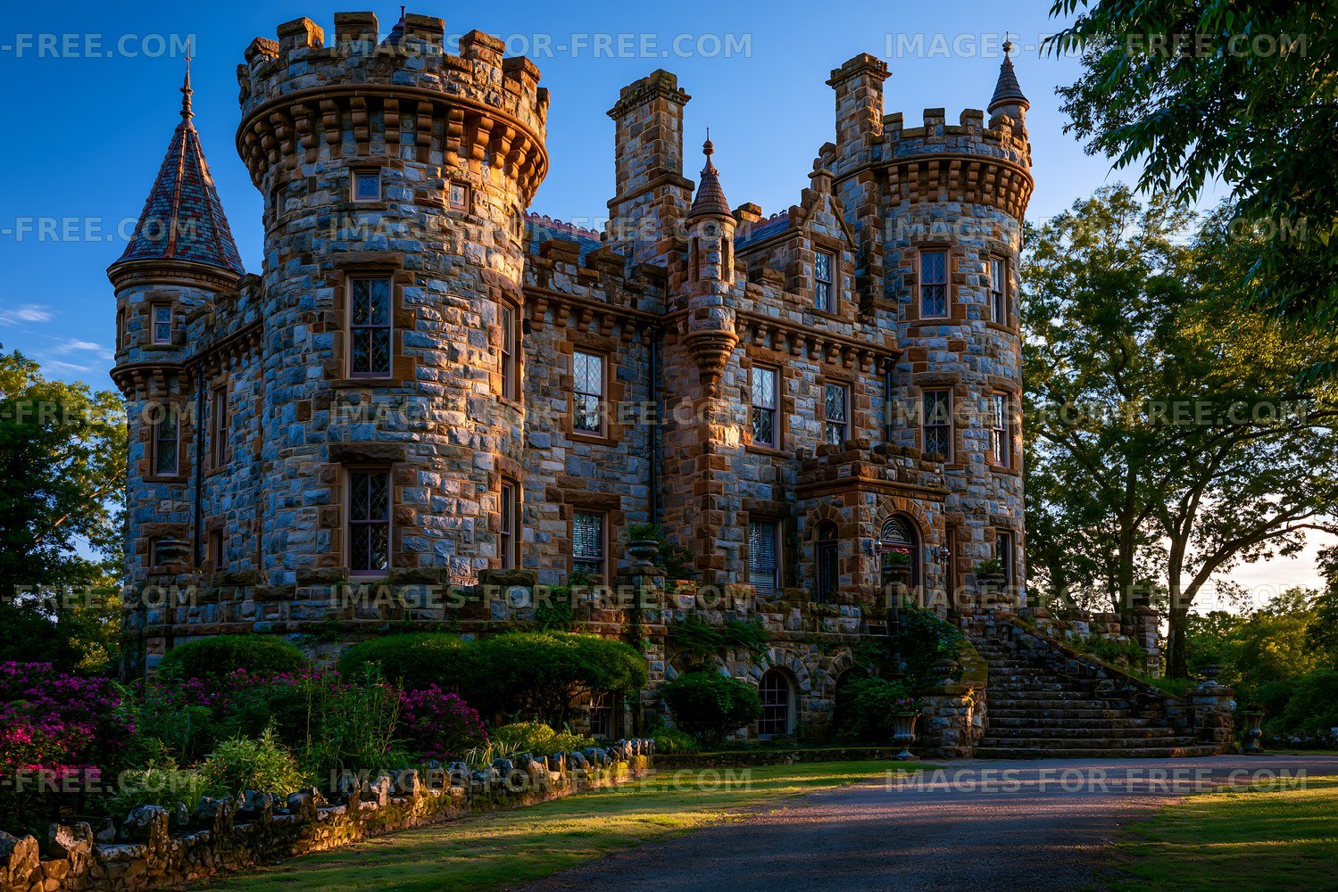 Historic stone castle stands in a green landscape during sunset