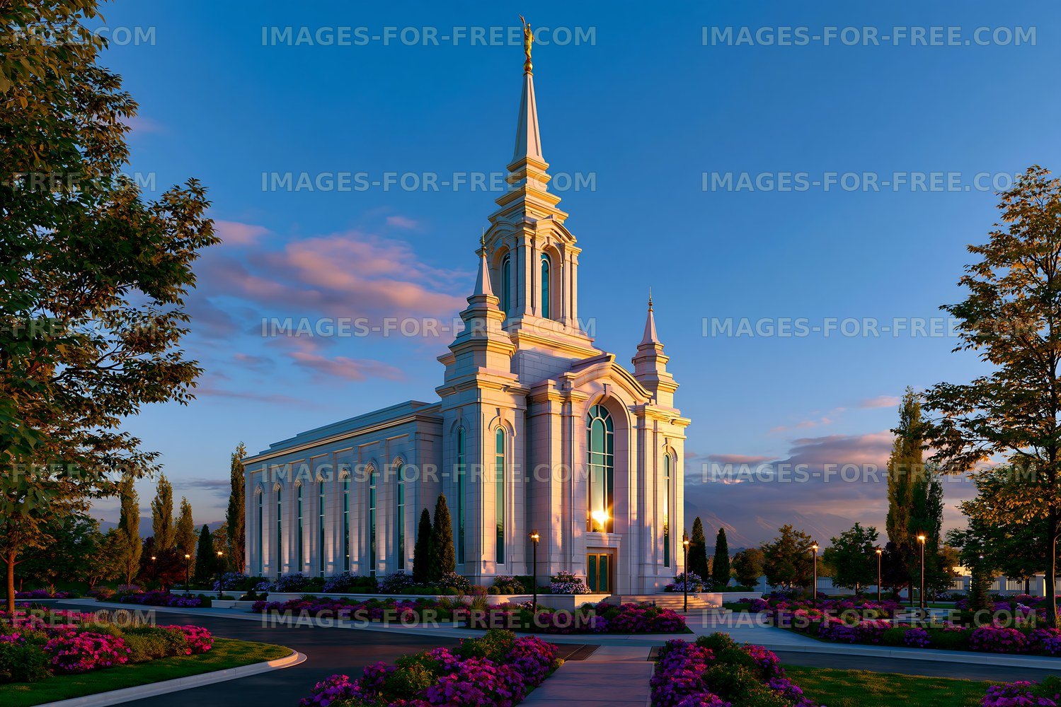 Sunset view of a large building with a spire and colorful flowers