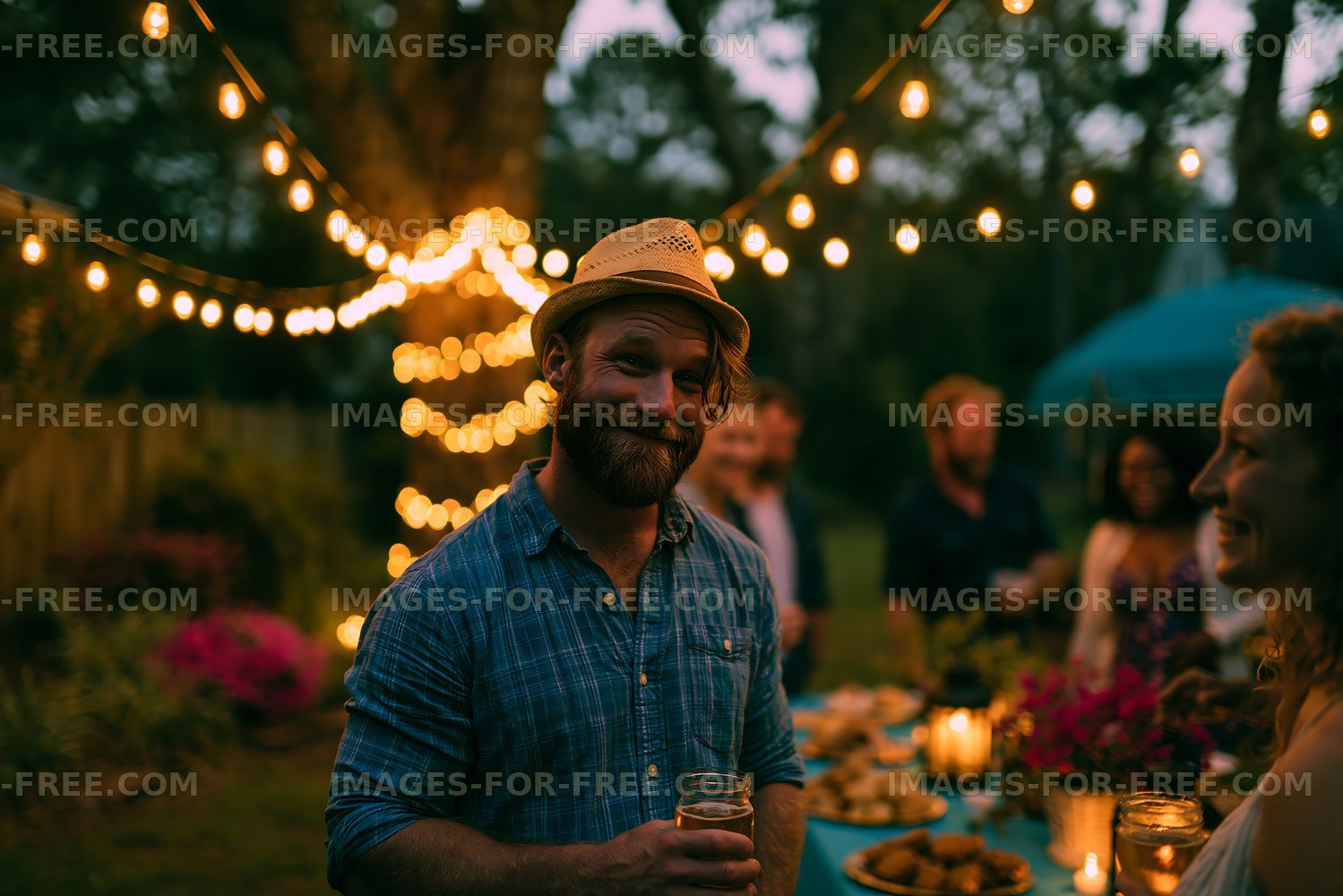 Gathering in the garden during evening with lights and food