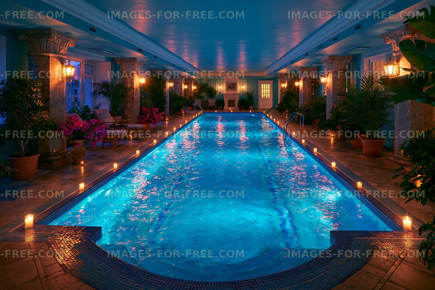 Indoor swimming pool with blue water and bright lights at night