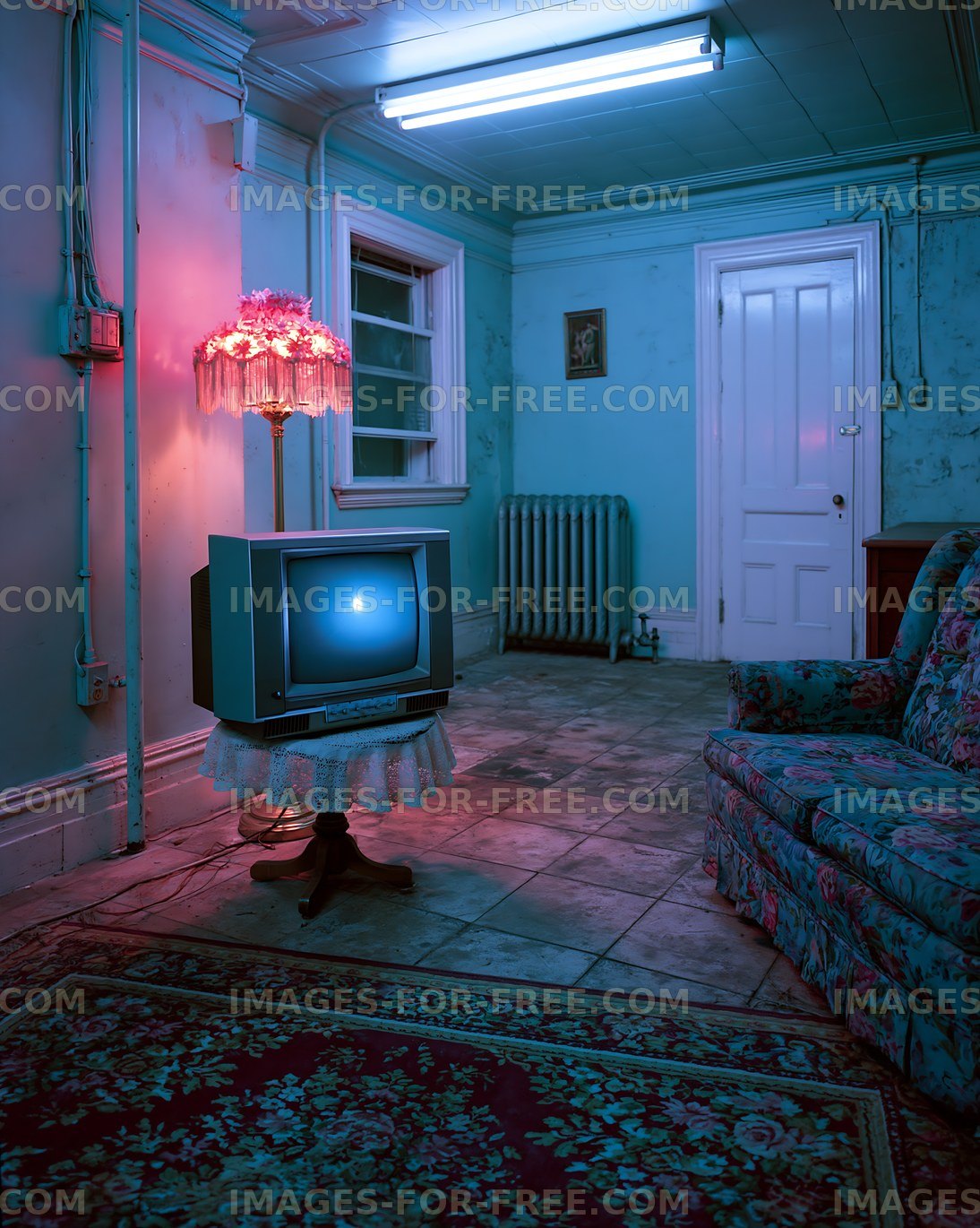 Old living room with vintage television and colorful lighting
