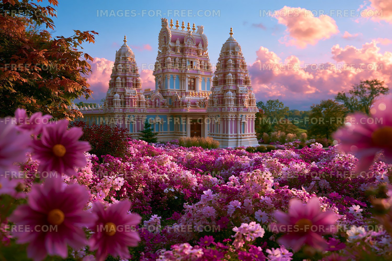 Beautiful temple with colorful flowers in the foreground at sunset