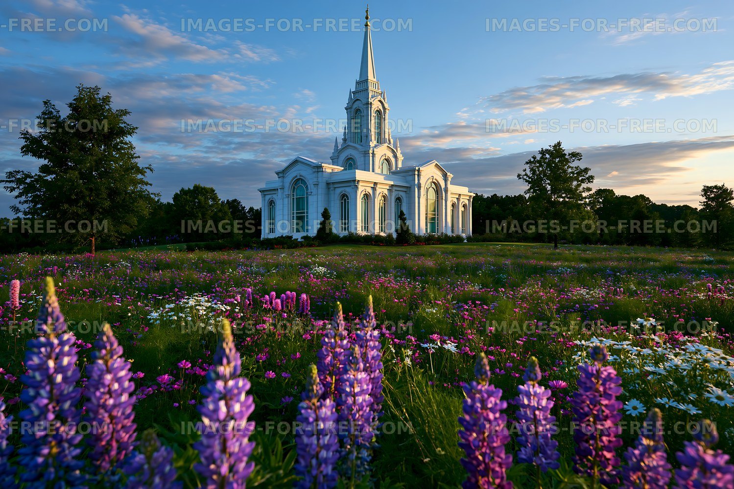 Church surrounded by flowers under a blue sky
