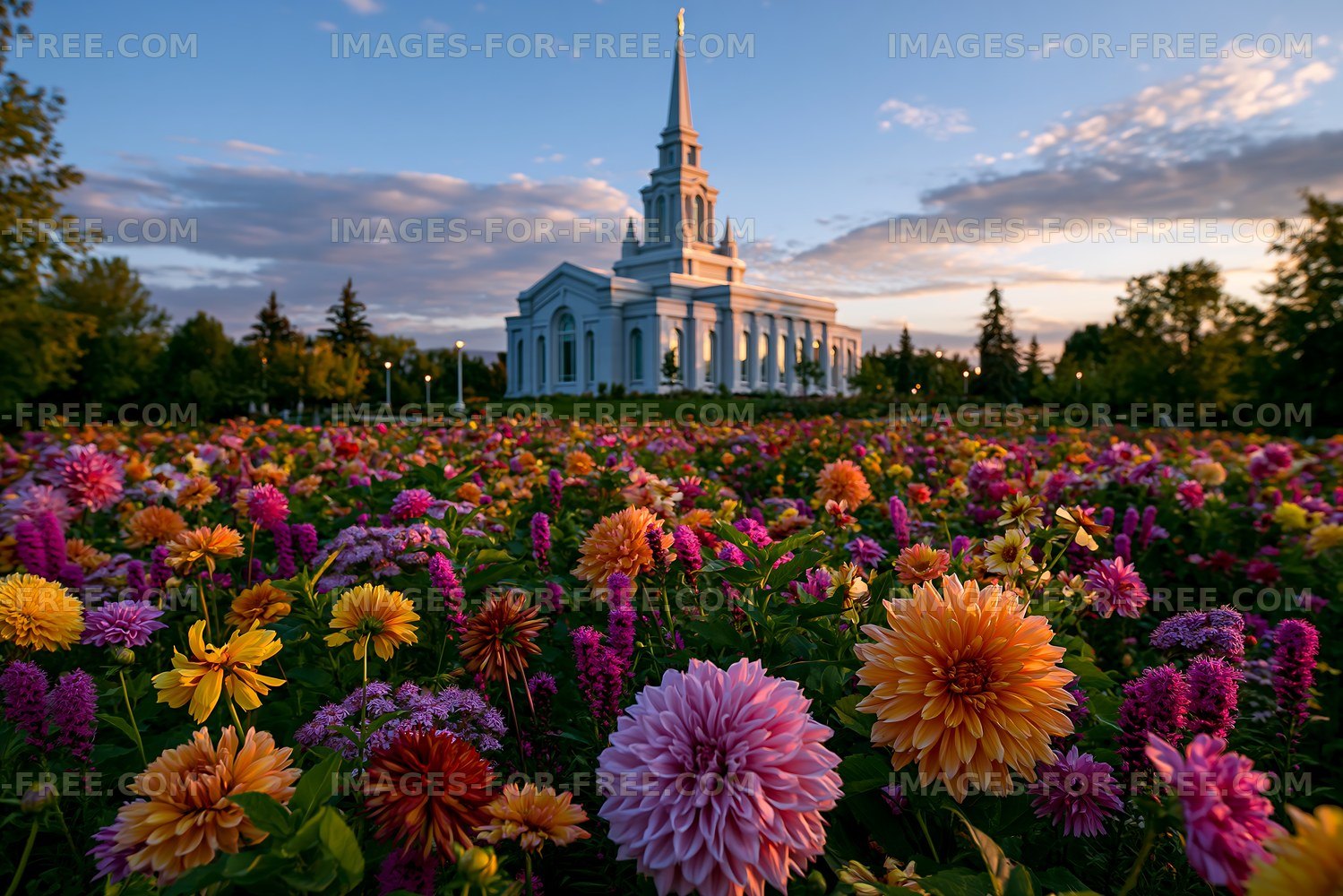 Flowers in bloom near a church with a tall spire during sunset