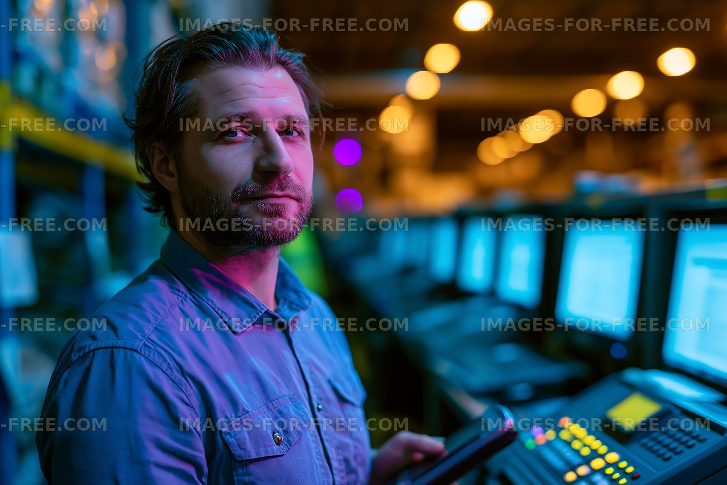 Man standing in a control room with multiple computer screens