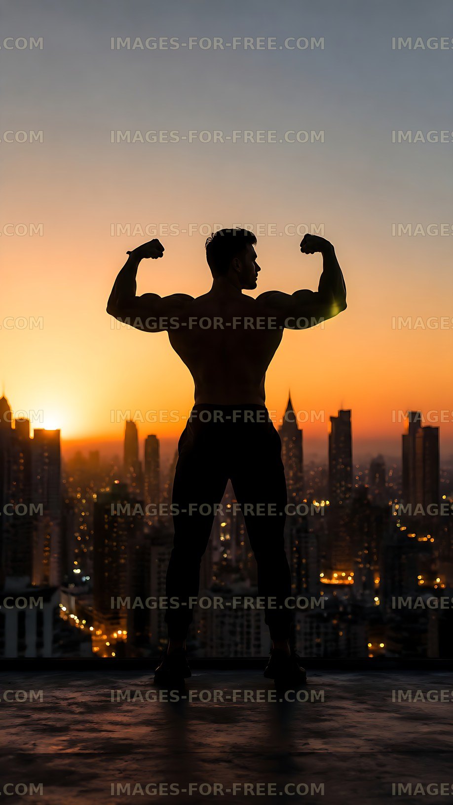 Muscular person poses at sunset over city skyline