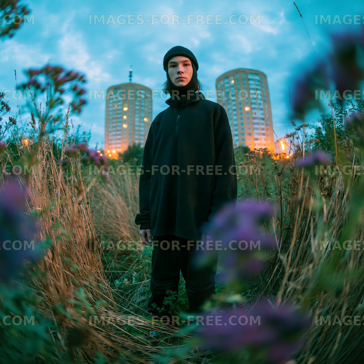 Person standing among flowers with buildings in the background