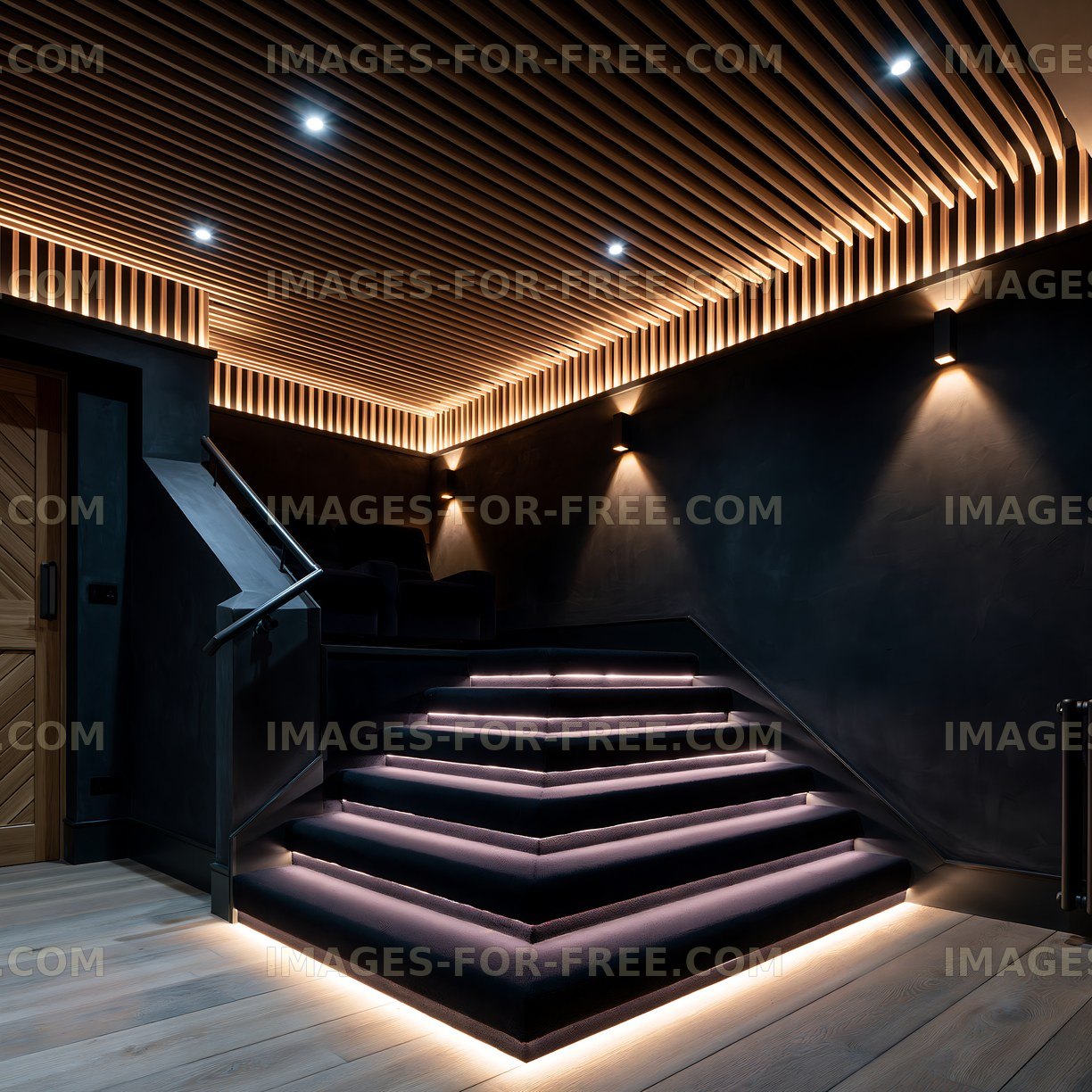 Modern staircase interior with lighting in a dark room