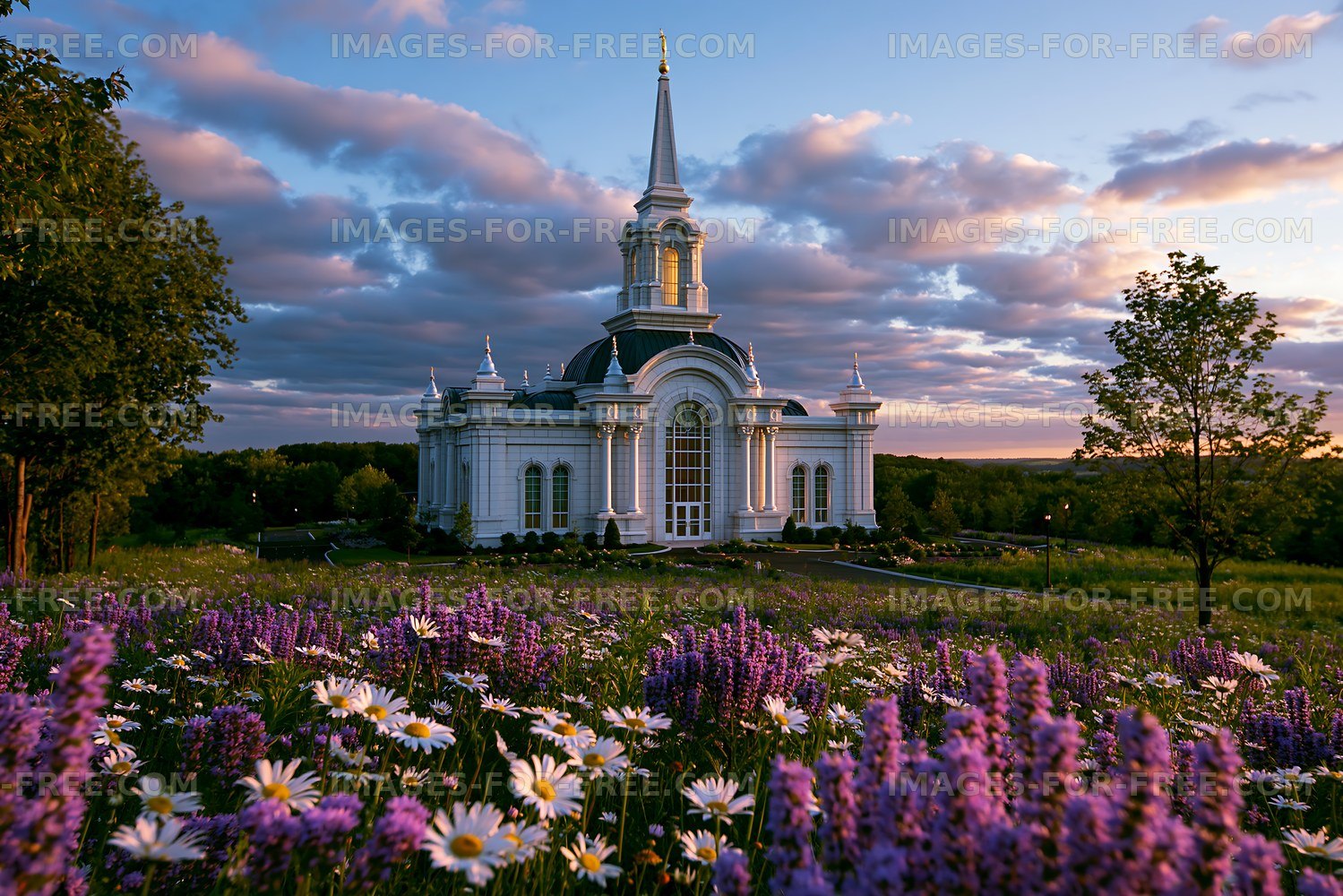 Church surrounded by flowers during sunset