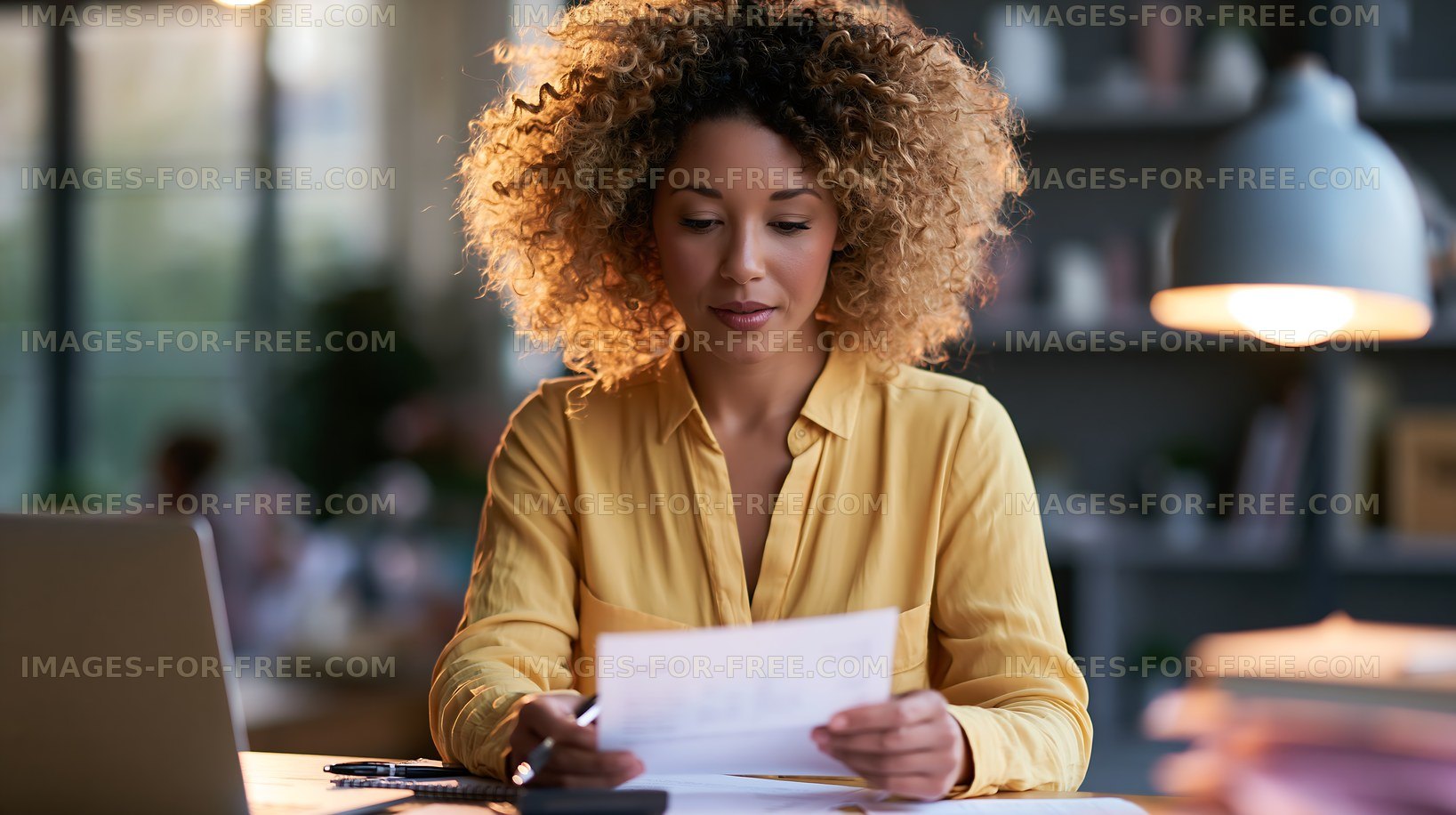 Woman reading paperwork at a desk in a bright office space