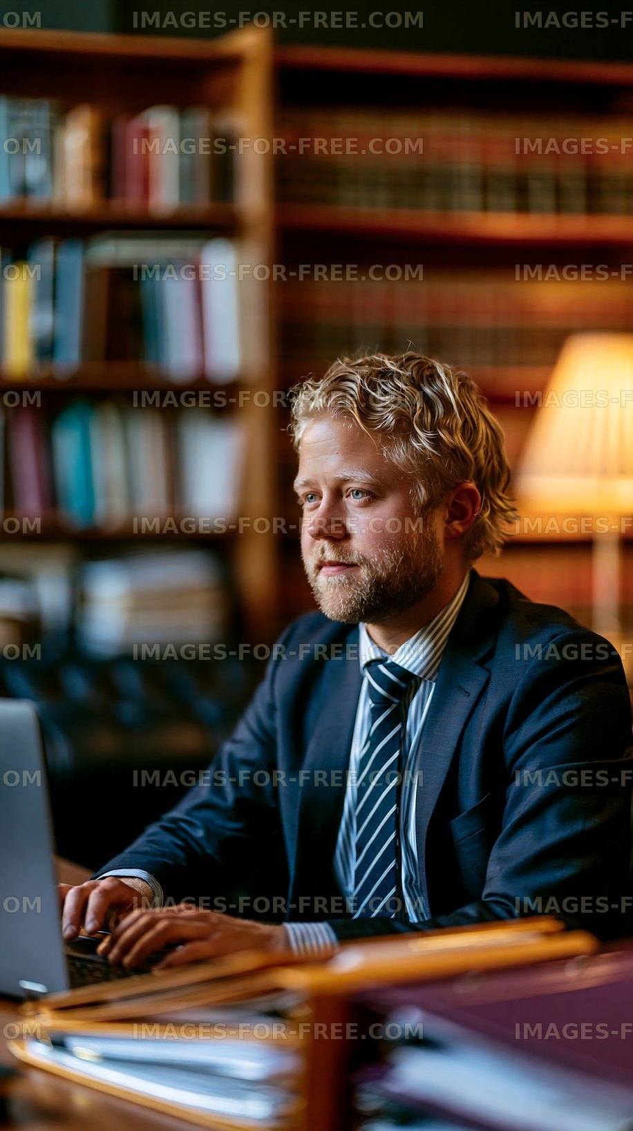 Businessman working in a law library