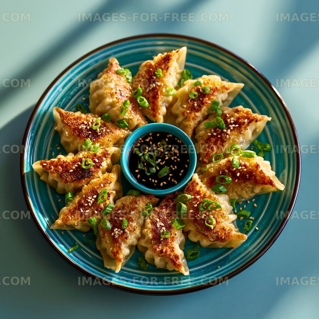 Dumplings served with dipping sauce on a blue plate