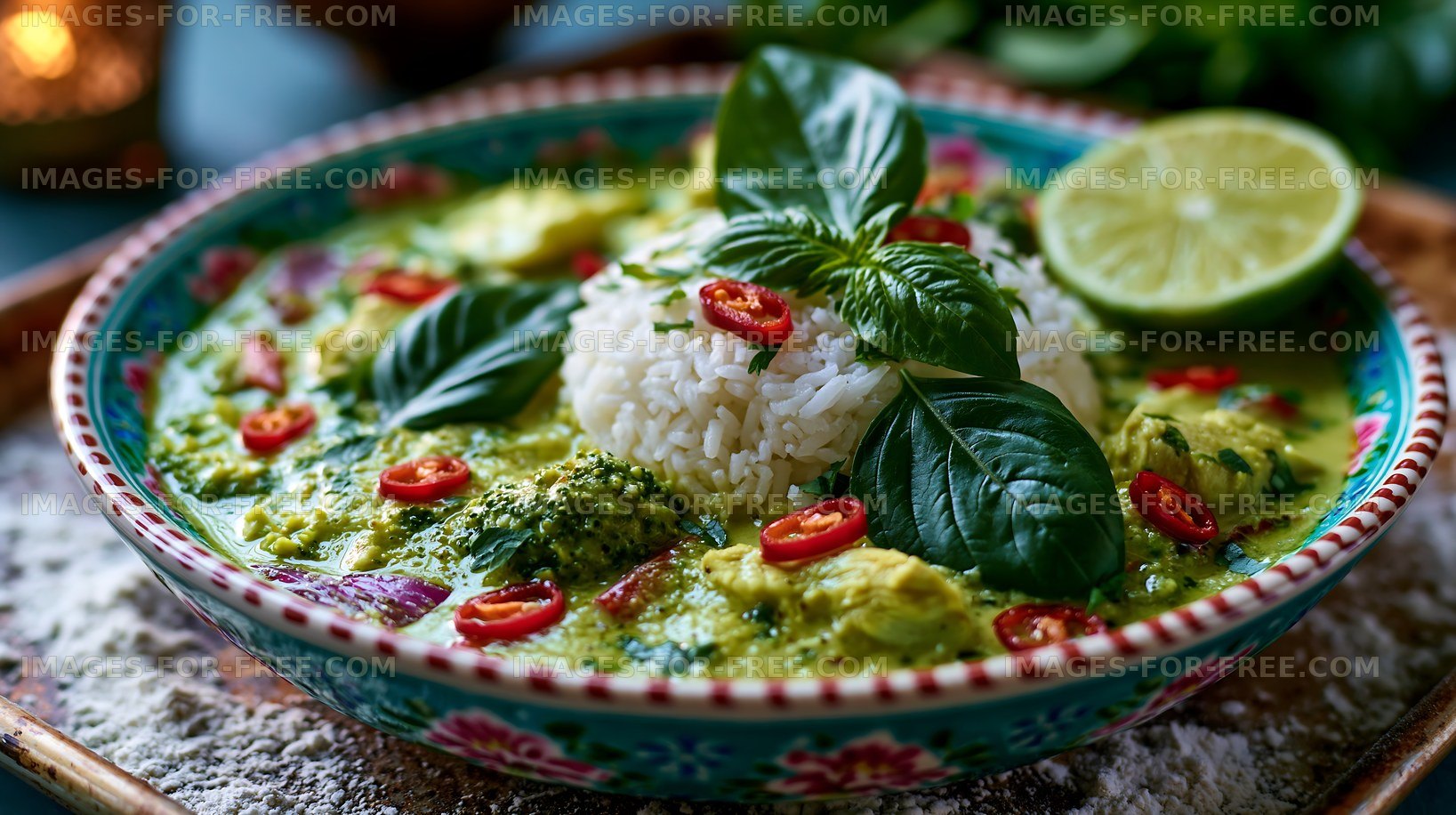Thai green curry with chicken and rice on a colorful plate