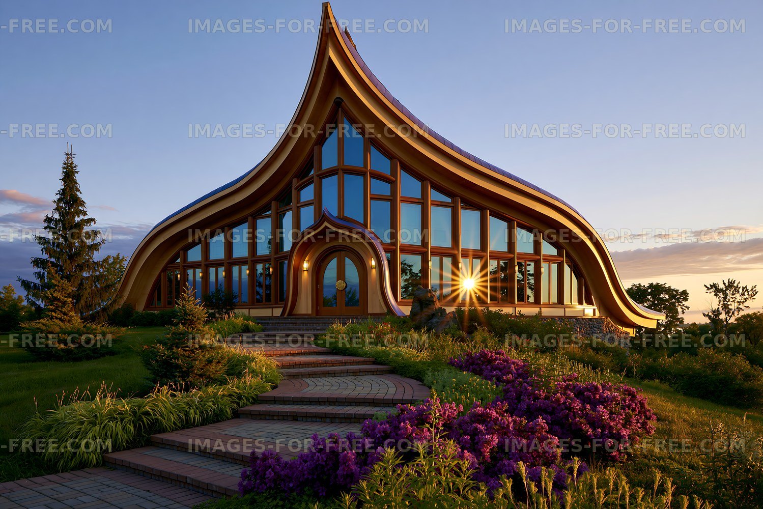 Unique building with large windows and colorful landscaping