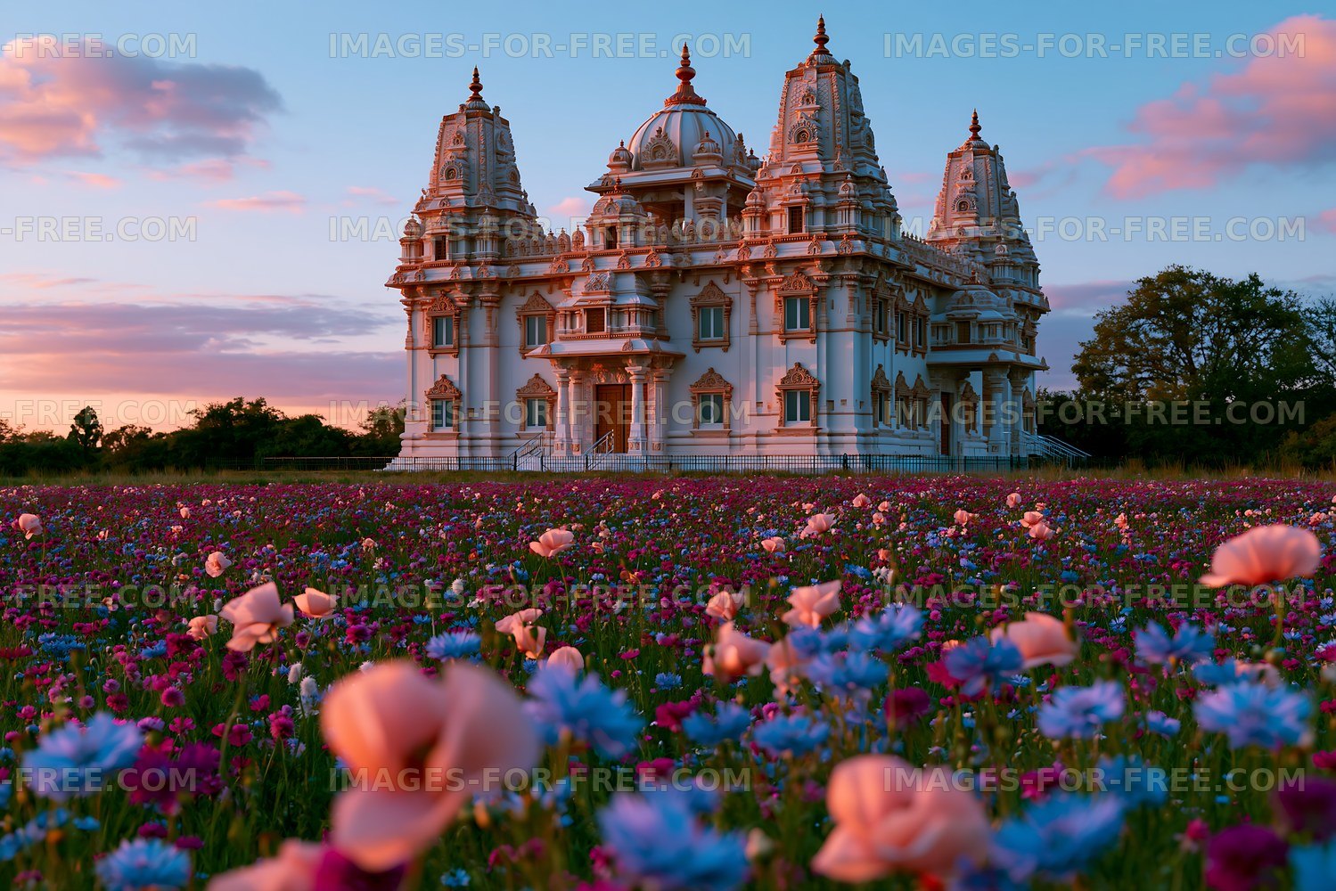 Temple surrounded by flowers at sunset in a quiet field