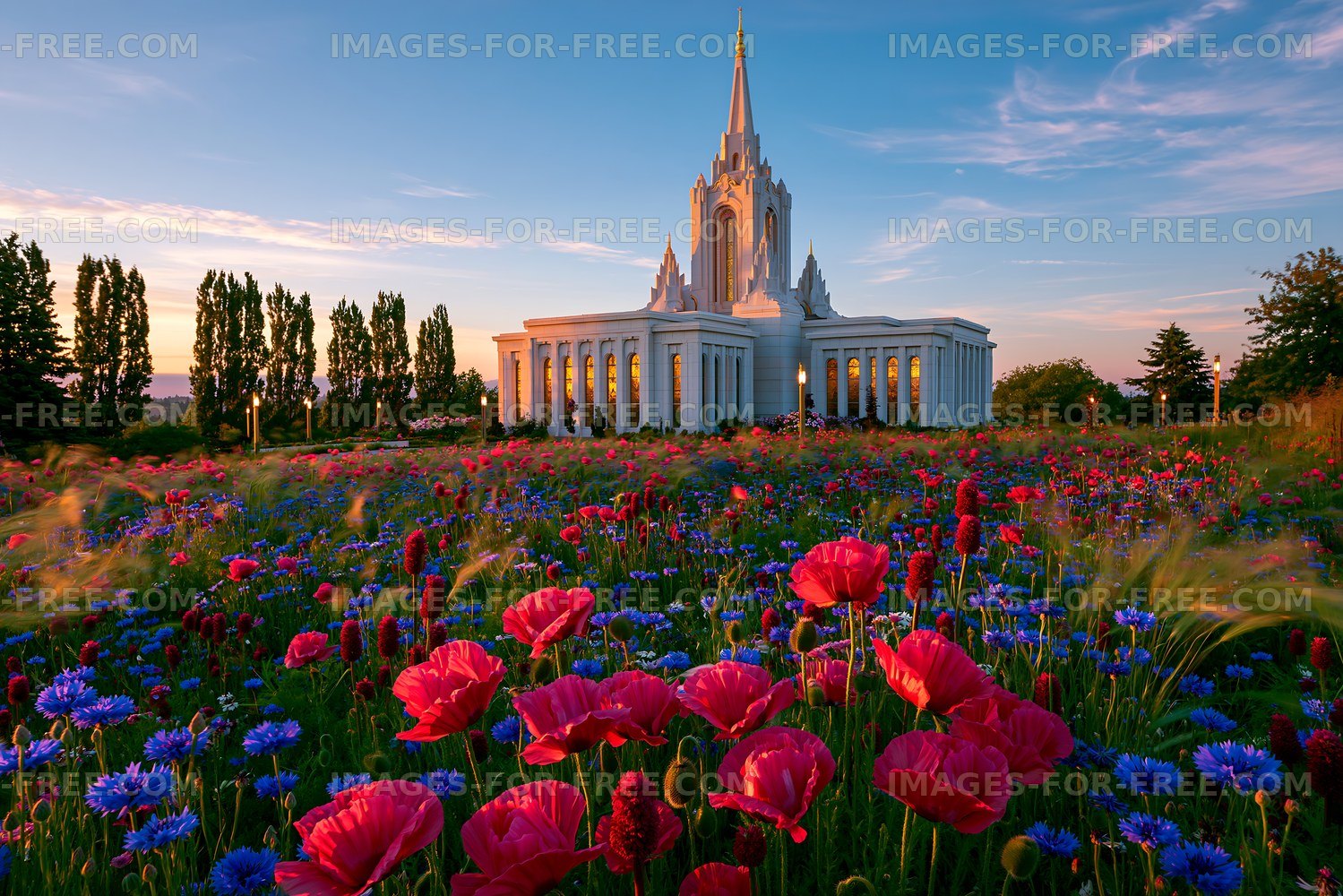 Colorful flowers surround a large building during sunset