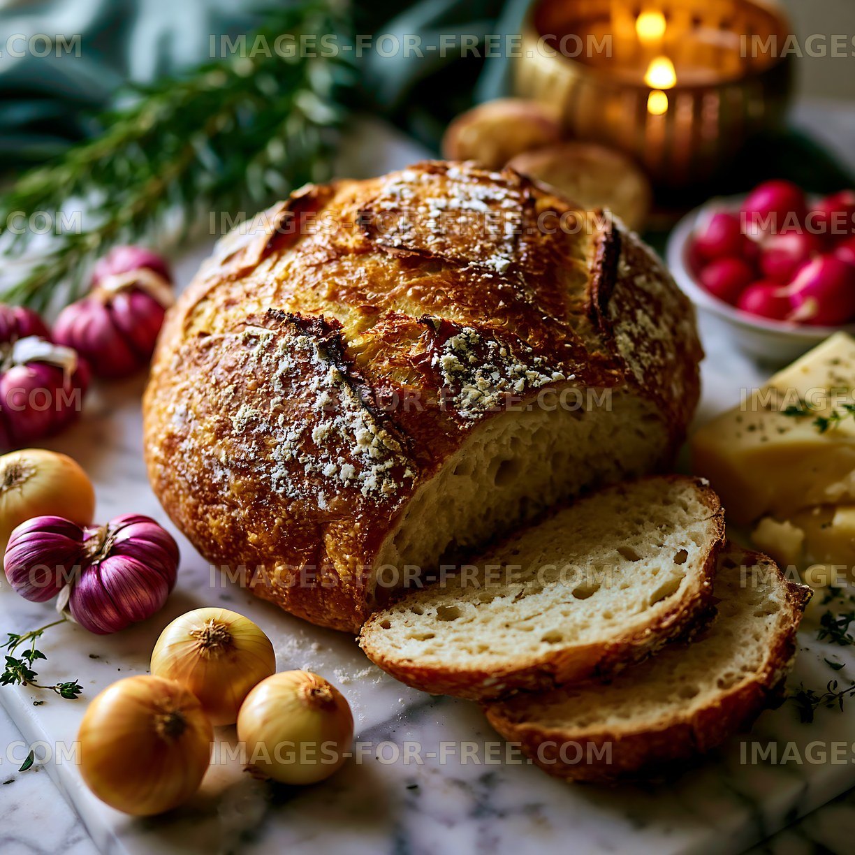 Freshly baked bread with vegetables and cheese on a table